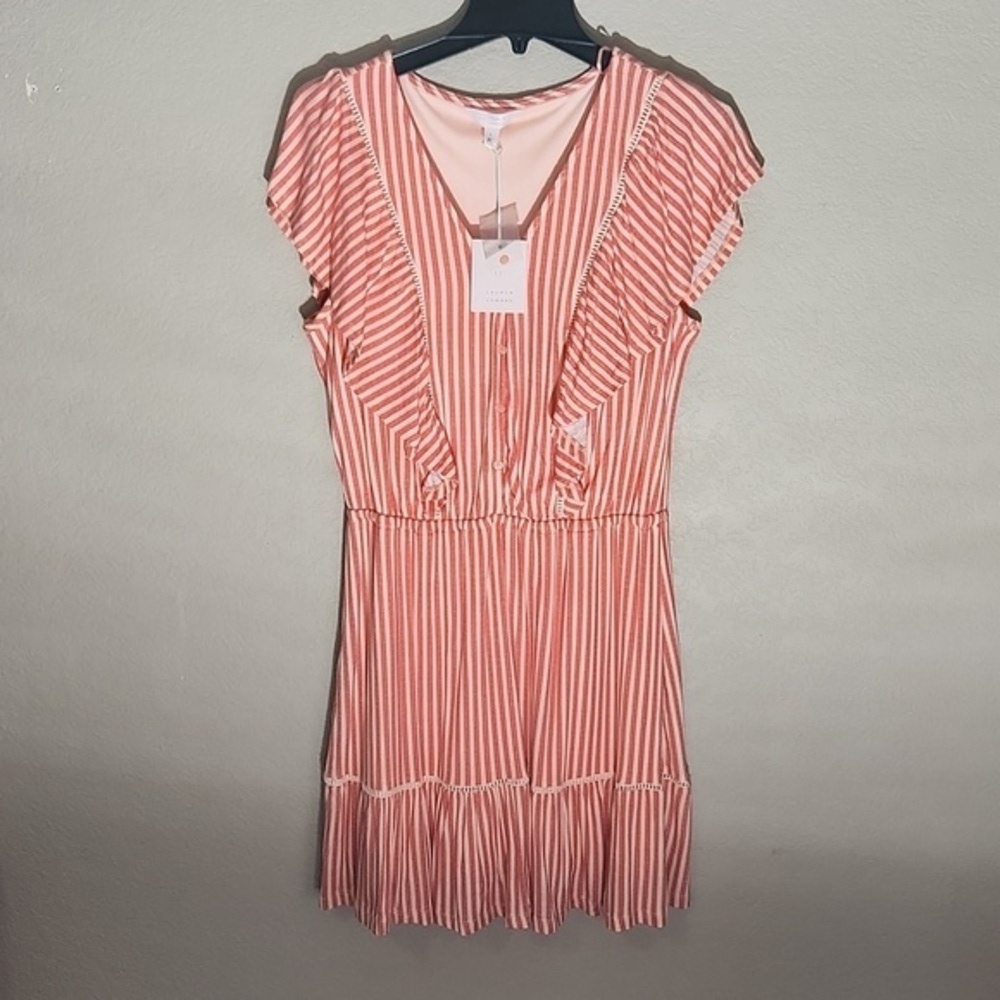 Lauren Conrad Womens Dress Size M Midi Stripe Pink Ruffel New